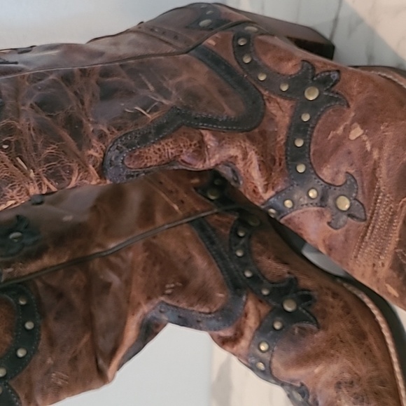 Ariat Leather Brown Textured Tooled Studded Snip Toe Western Cowgirl Boots 9.5 - Picture 8 of 16